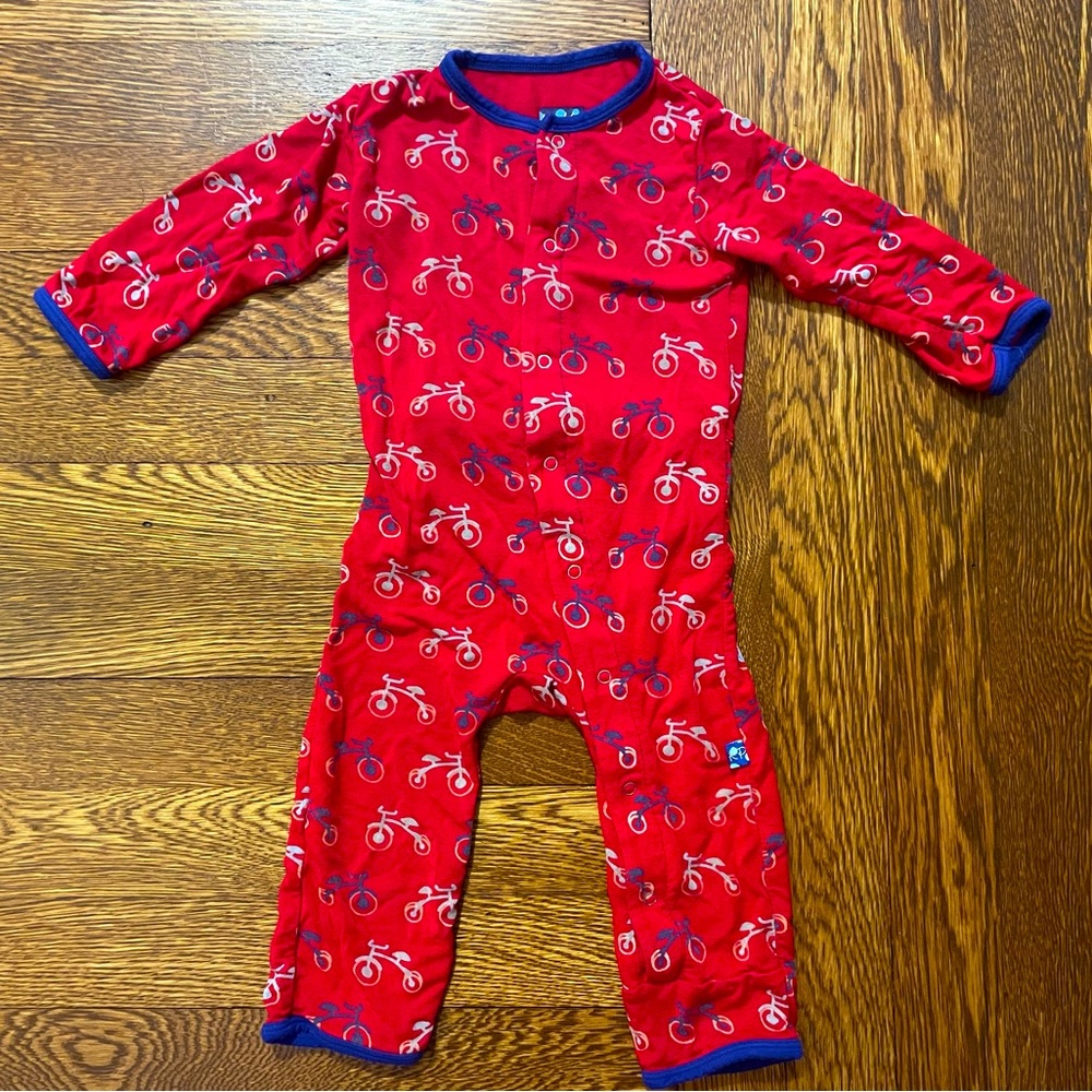 Kickee Pants Red Bamboo Pajamas Blue Bicycles Side Snap Pajamas Size 6-12 Months
